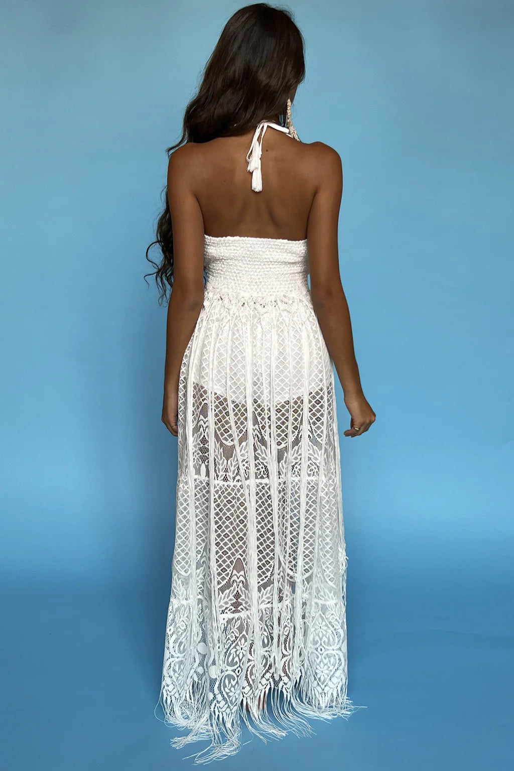 white lace maxi dress with open back Embellished Backless Maxi Dress White
