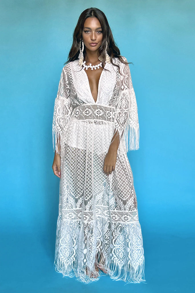 white lace open back maxi dress White Lace Open Back Slit Mermaid Long Prom Dress
