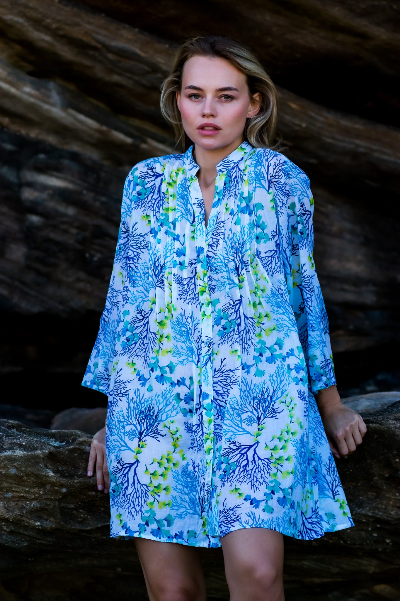 BLUE CORAL DRESS | Button-Front Kaftan | ladolceboutique.com.au