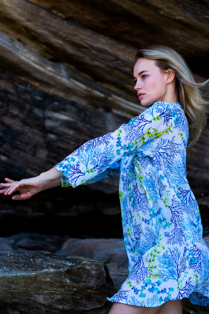 Blue Coral Dress Button-Front Kaftan